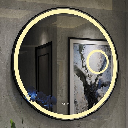Round LED bathroom mirror with magnifying mirror