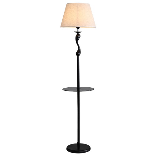 Floor lamp with glass table attached