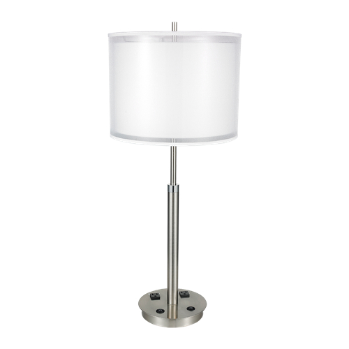 Brushed nickel bedside table lamp with outlets